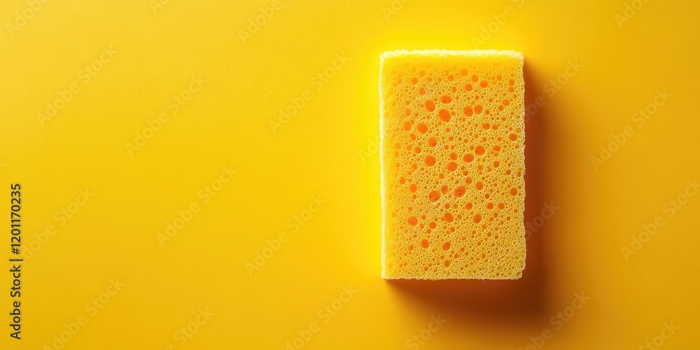 Poster Bright yellow kitchen sponge flat lay on vibrant yellow background centered for ample copy space with soft bubbles adding texture and depth.