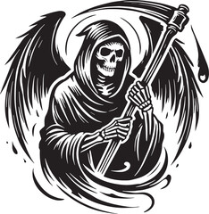 Black Color Grim reaper Silhouette Vector Illustration, Solid White Background