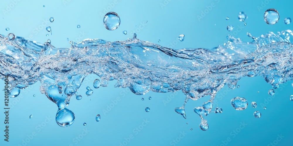 Poster vibrant aqua background enhances dynamic wave of splashing water with floating bubbles positioned ce