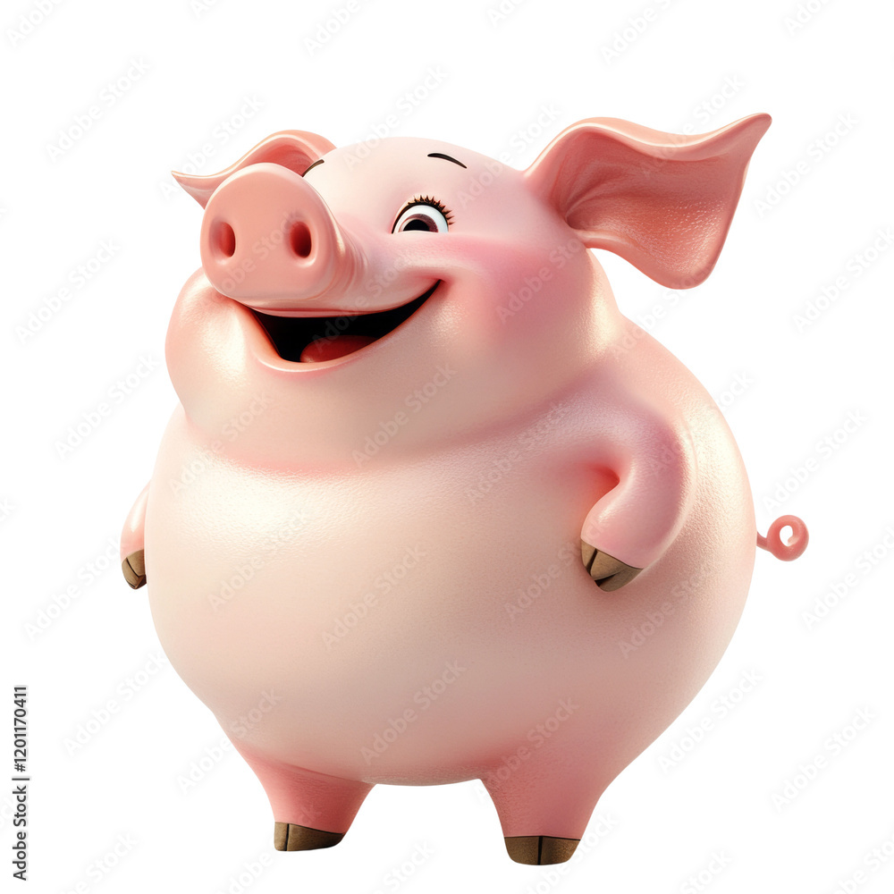 Aufkleber A 3D rendered image showcases a cheerful cartoon pig with a broad smile against a plain white backdrop.