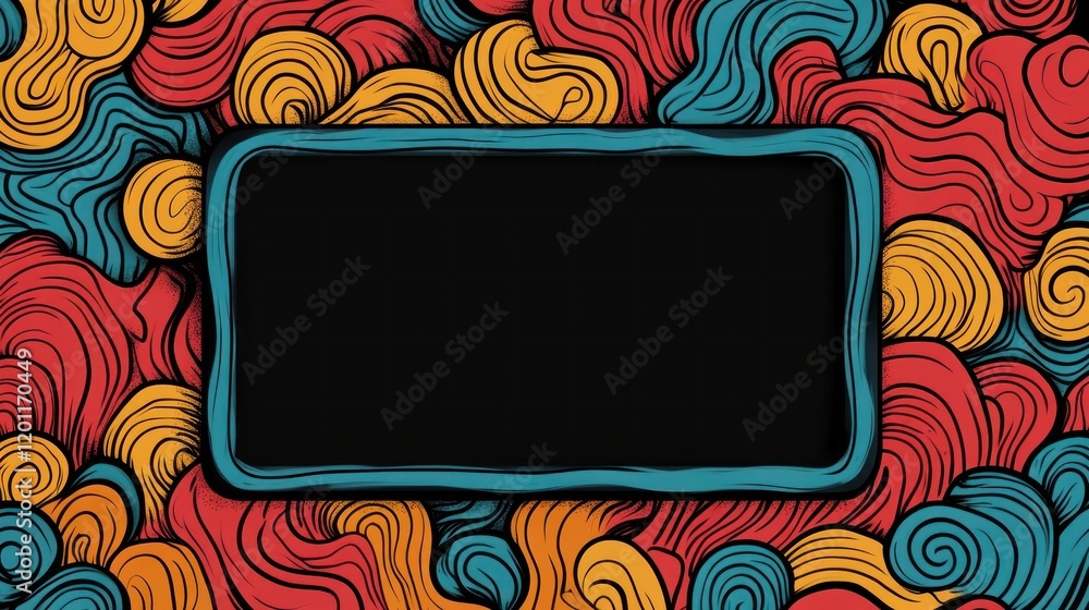 Poster colorful abstract swirls background with dark rectangular frame for text or image