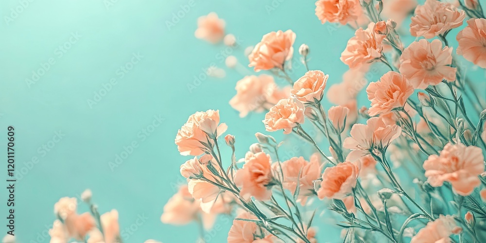 Poster delicate eustoma flowers in soft peach tones against a serene turquoise backdrop creating a tranquil