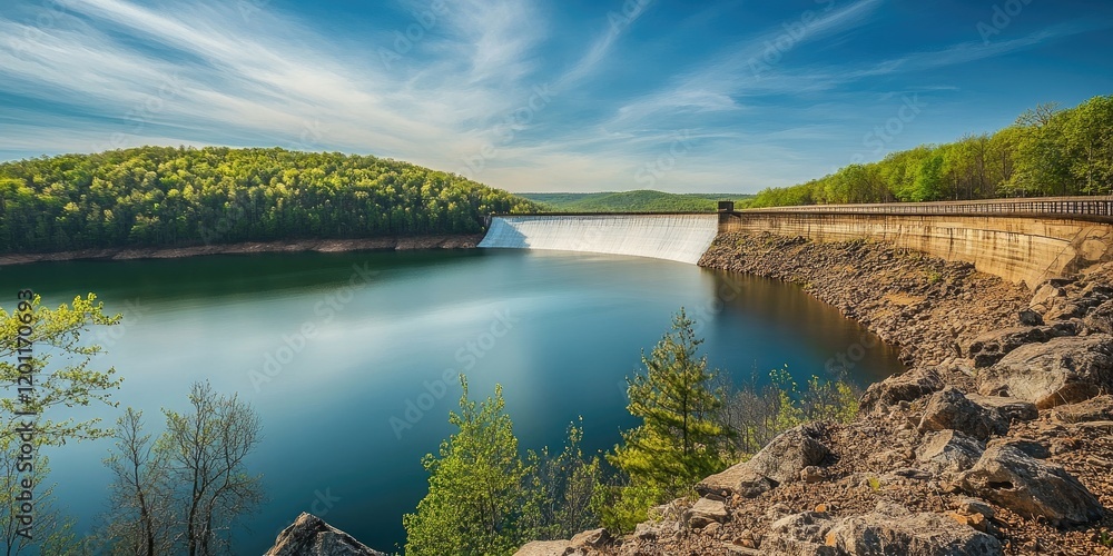 Poster scenic view of a tranquil reservoir surrounded by lush green trees under a blue sky with wispy cloud