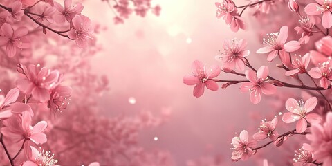 Soft pink cherry blossoms frame a dreamy blur background with gentle light creating an ethereal atmosphere perfect for text placement.