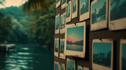 Fototapeta premium Vintage Travel Photos Displayed on Wall Scenic Lake Tropical Landscape Retro Memories