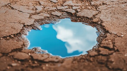 Fototapeta premium Sky Reflection in Small Puddle on Cracked Asphalt Road Surface