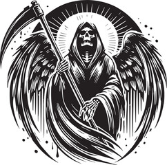 Black Color Grim reaper Silhouette Vector Illustration, Solid White Background