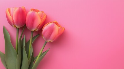 Obraz premium Vibrant tulips with green leaves and background.