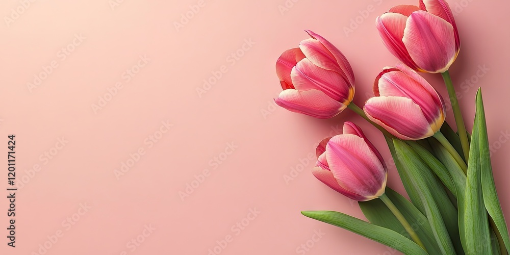 Poster spring themed backdrop with pink tulips and soft pink background ample space for text positioned on 