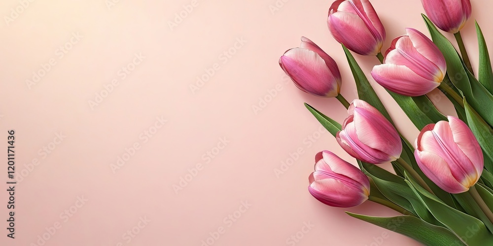 Poster Elegant spring backdrop with soft pink tulips arranged on the right against a light beige background creating ample text space on the left.