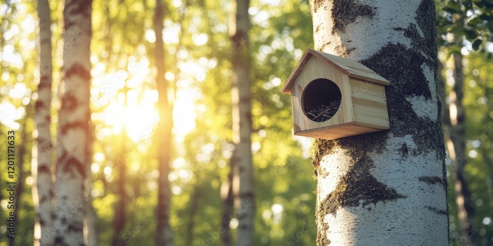Poster handcrafted wooden bird nesting box on birch tree trunk with bright green leaves and soft sunlight c