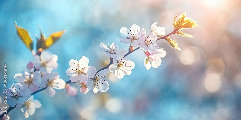Poster cherry blossoms in bloom on a slender branch against an abstract soft blue background with gentle li