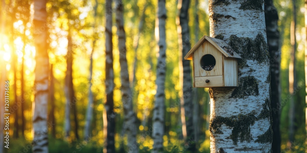 Poster springtime birch forest with sunlight filtering through trees on the left and a wooden bird nesting 