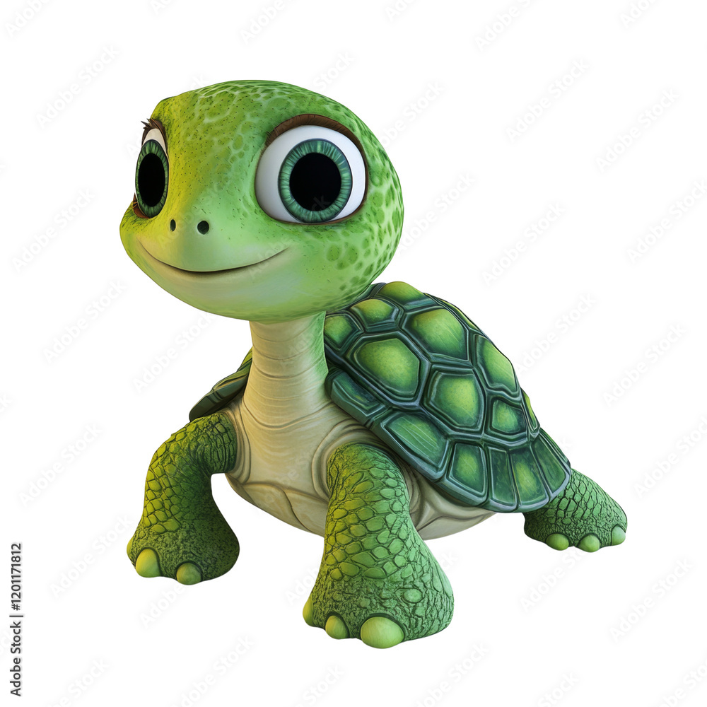 Aufkleber a digitally rendered image of a cute baby turtle cartoon character, smiling and looking towards the 