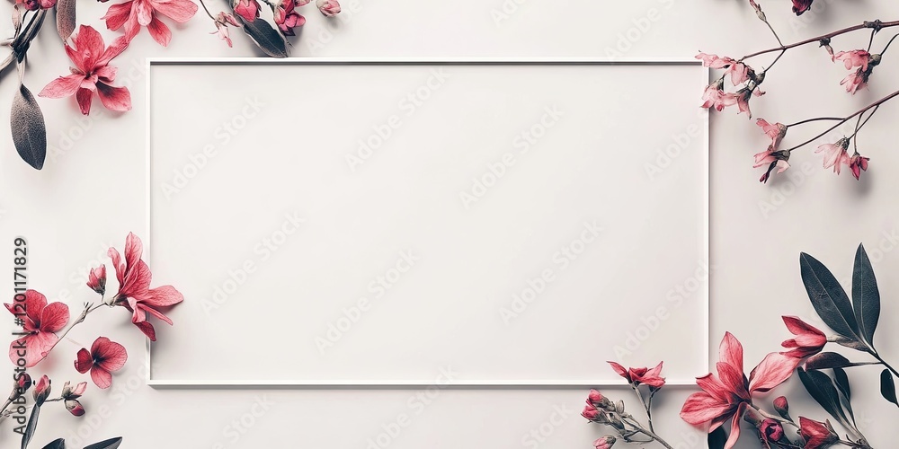Poster elegant rectangular frame with white space surrounded by soft pink flowers and green leaves on a lig