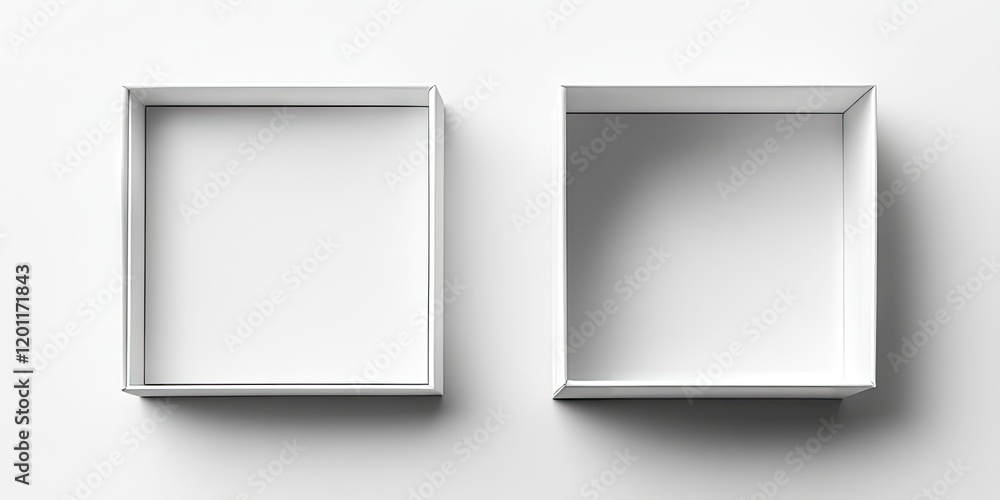 Aufkleber open square white boxes positioned side by side on a light gray background showcasing their minimali