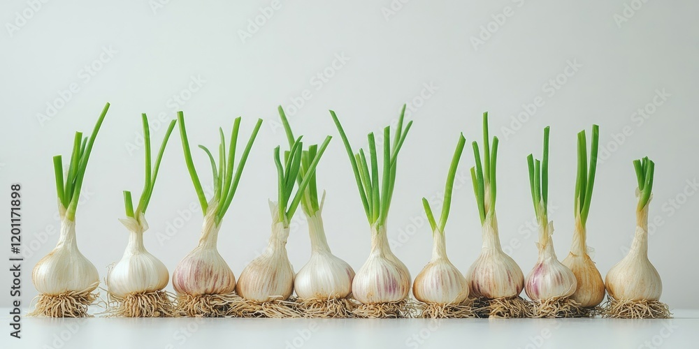 Poster fresh sprouted garlic bulbs arranged neatly in a row on a soft white background showcasing vibrant g