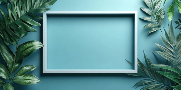 Elegant square border frame placed centrally on a teal background, surrounded by lush green tropical leaves on both sides, ideal for text placement.