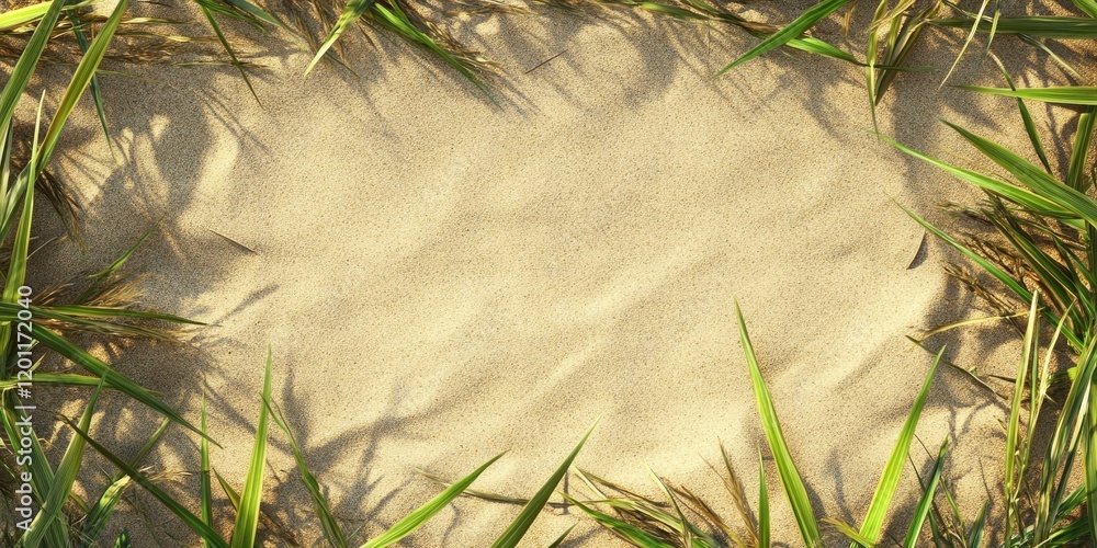 Poster green grass frame surrounding a sandy beige background creating a natural border with empty space fo