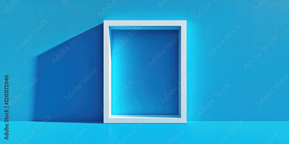 Poster white square frame positioned centrally against a vibrant blue background with soft shadows casting 