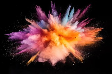 A high-speed visualization of a white explosion with bright multicolor particles dispersing in mid-air.