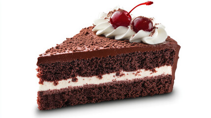 Cherry cake sweet food vector icon with fruit dessert of bakery and pastry shop. Slice of layered chocolate cake with whipped cream and cocoa powder, topped with candied cherry isolated round icon