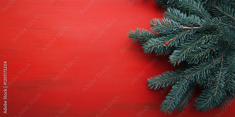 Aufkleber spruce branch on a vibrant red background with ample space for text positioned on the left against a