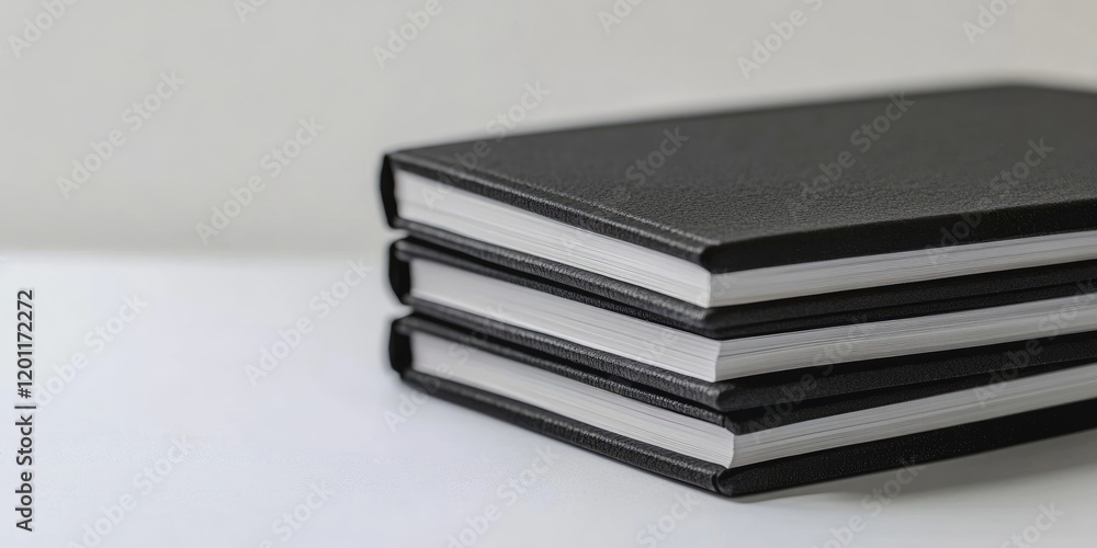 Poster stack of three black notebooks on white tabletop with blank space for text above showcasing minimali