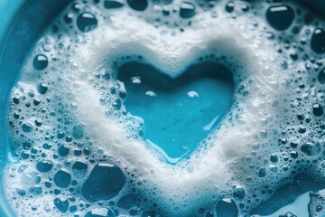 A heart-shaped frame formed from sparkling detergent foam bubbles floating in a blue basin.