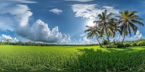 Lush green rice field under a bright blue sky with fluffy clouds and palm trees on the right creating a serene tropical landscape.