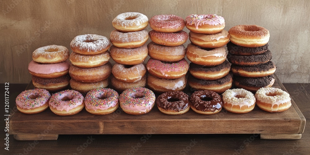 Poster assorted colorful donuts stacked on a wooden tray with varying textures and toppings arranged in a v