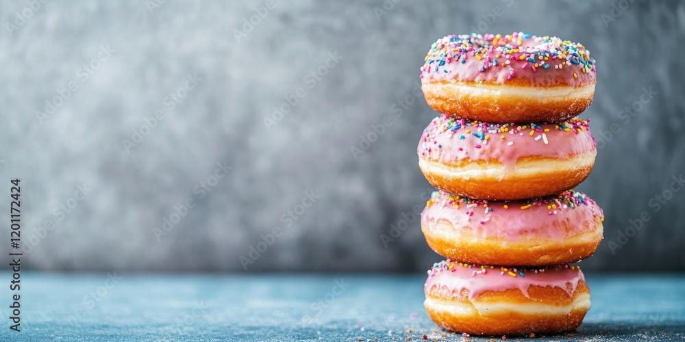Poster stack of four colorful doughnuts with pink icing and sprinkles on a rustic blue surface against a te