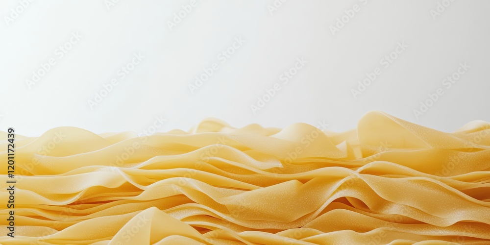 Poster yellow uncooked pasta noodles arranged in a wavy pattern on a clean white background with soft light