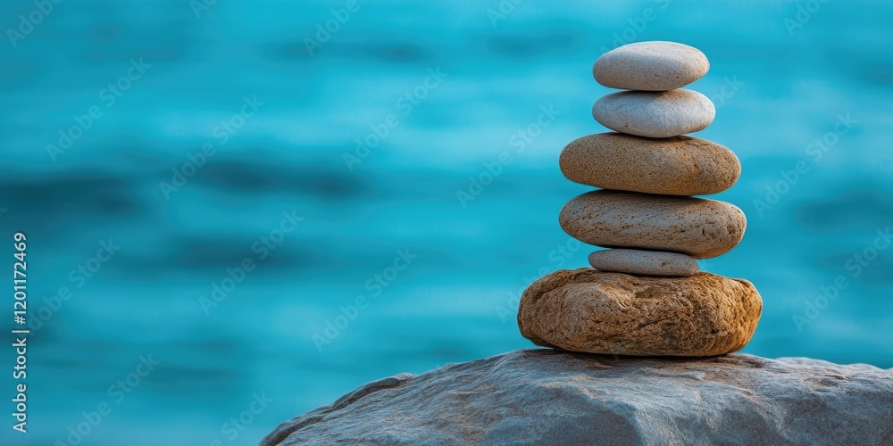 Poster stack of smooth stones in balanced arrangement atop a large rock with blue ocean backdrop and ample 