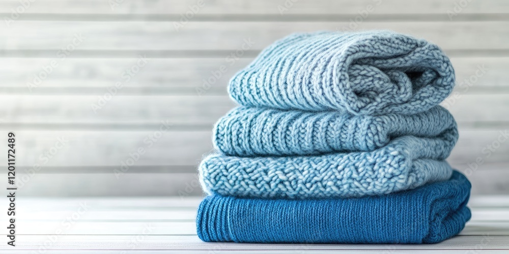 Poster cozy stack of four blue sweaters in varying patterns and shades positioned neatly on a white wooden 