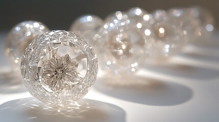A series of interlocking transparent crystal spheres forming a delicate and intricate pattern with light glistening through them