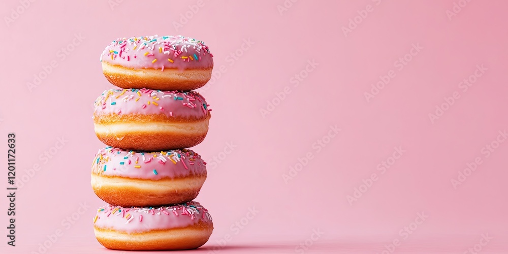 Poster stack of four frosted pink doughnuts with colorful sprinkles on a pastel pink background showcasing 