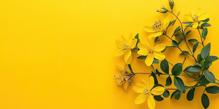 Vibrant yellow St Johns wort flowers arranged on a solid yellow backdrop with green leaves positioned on the right side of the image