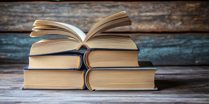 Stacked hardback books with open pages on a rustic wooden table with warm brown tones providing ample space for text or images in the background