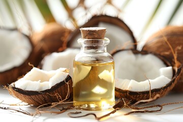 A bottle of coconut oil sitting on top of a table