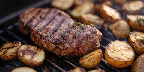 Obraz premium Grilled Angus steak with charred golden potatoes on a wood-fired grill against a smoky backdrop showcasing rich brown and golden hues.