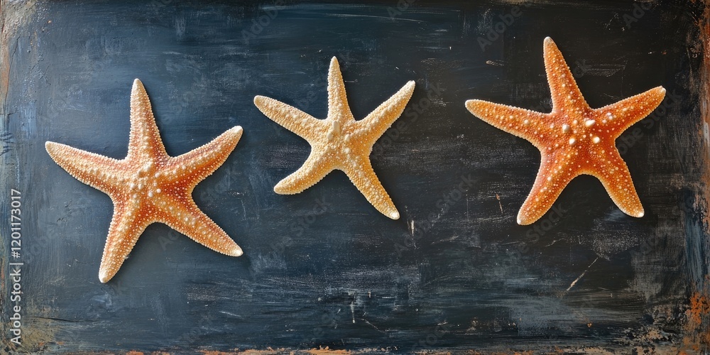 Poster three starfish in varying shades of orange and cream arranged on a textured blackboard background wi