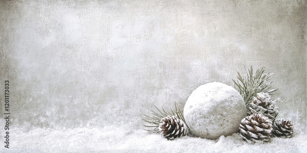 Aufkleber winter still life with a snow-covered ball and pine cones on the left against a soft gray textured b