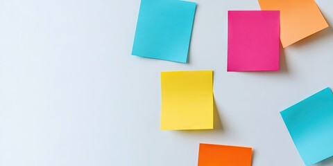 Colorful sticky notes in blue, pink, orange, and yellow arranged on a clean white background creating a bright and organized workspace scene.