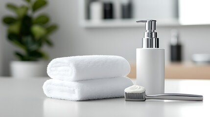 Clean and bright bathroom with fresh towels, soap dispenser and toothbrush