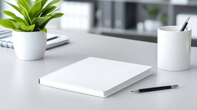 Clean Minimalist Workspace Mockup with Blank Notebook and Stationary