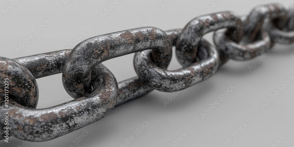 Poster detailed close-up of rusty steel chain links in a diagonal arrangement on a smooth gray background s