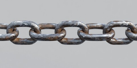 Obraz premium Rusty steel chain links arranged in a horizontal line against a light grey background showcasing wear and texture details in metallic hues.