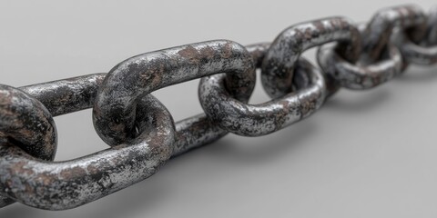 Obraz premium Detailed close-up of rusty steel chain links in a diagonal arrangement on a smooth gray background showcasing textures and metallic colors.