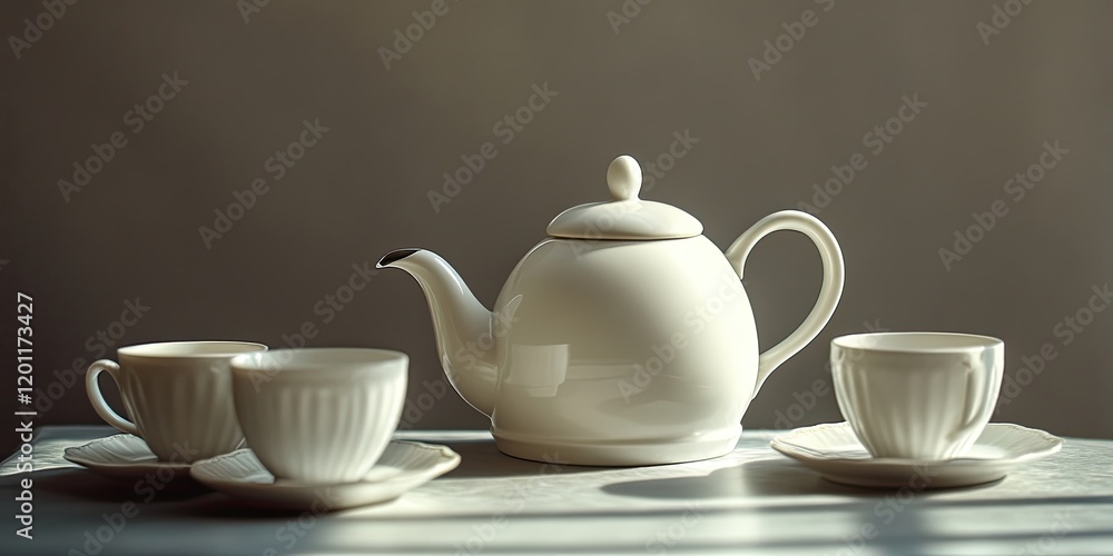 Poster white kettle and cups arranged on a table with soft natural light casting shadows highlighting their